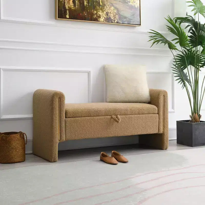 Panca moderna da letto con braccioli e contenitore, grande poggiapiedi imbottito, comoda panca da finestra per soggiorno, caffè