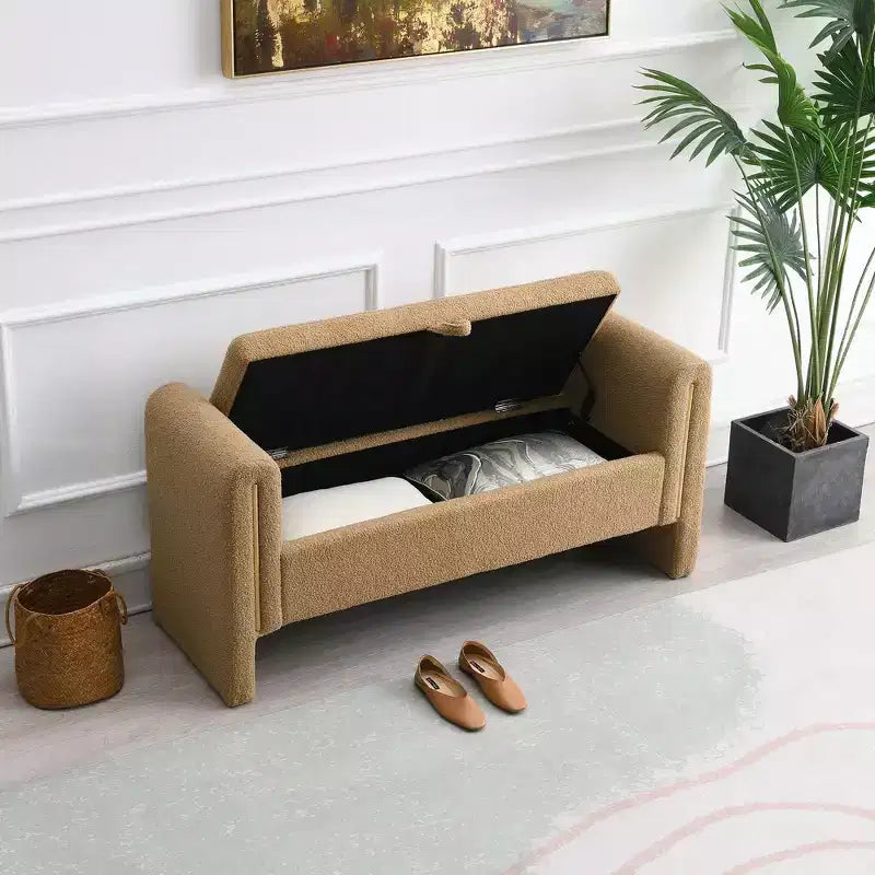 Panca moderna da letto con braccioli e contenitore, grande poggiapiedi imbottito, comoda panca da finestra per soggiorno, caffè