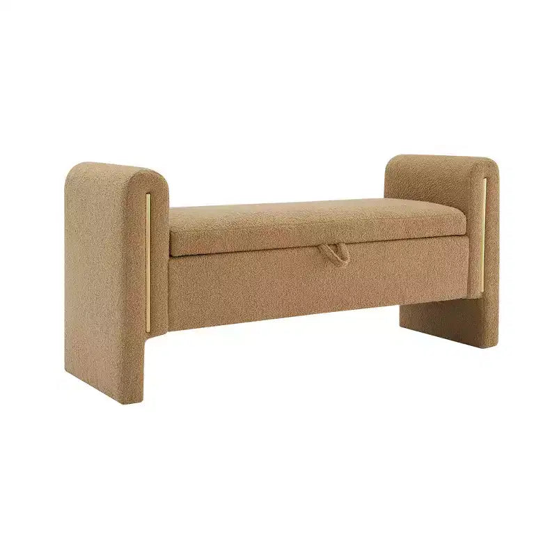 Panca moderna da letto con braccioli e contenitore, grande poggiapiedi imbottito, comoda panca da finestra per soggiorno, caffè