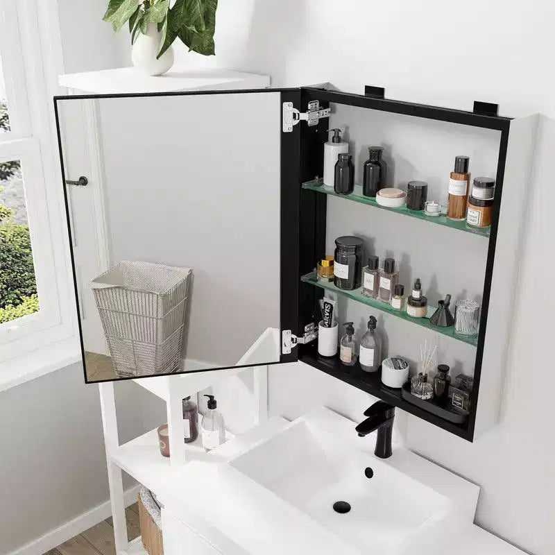 Mobiletto da bagno 26 x 20 con specchio, cornice in acciaio inossidabile, 2 ripiani regolabili, armadietto a muro per medicinali, rettangolare, da incasso, nero