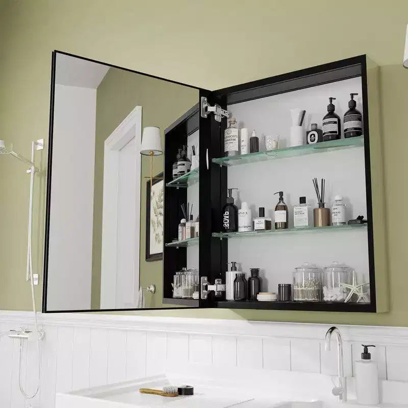 Mobiletto da bagno 26 x 20 con specchio, cornice in acciaio inossidabile, 2 ripiani regolabili, armadietto a muro per medicinali, rettangolare, da incasso, nero