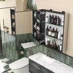 Mobiletto da bagno 26 x 20 con specchio, cornice in acciaio inossidabile, 2 ripiani regolabili, armadietto a muro per medicinali, rettangolare, da incasso, nero