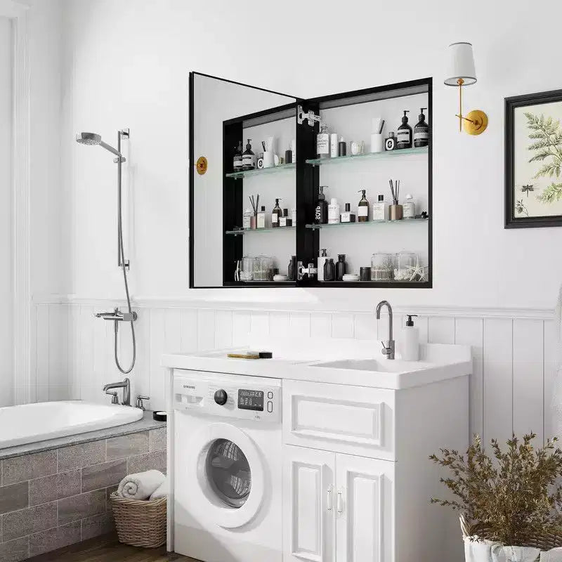 Mobiletto da bagno 26 x 20 con specchio, cornice in acciaio inossidabile, 2 ripiani regolabili, armadietto a muro per medicinali, rettangolare, da incasso, nero