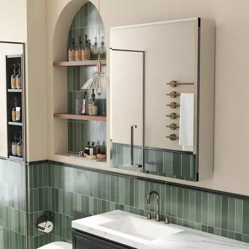 Mobiletto da bagno 26 x 20 con specchio, cornice in acciaio inossidabile, 2 ripiani regolabili, armadietto a muro per medicinali, rettangolare, da incasso, nero