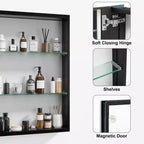 Mobiletto da bagno 26 x 20 con specchio, cornice in acciaio inossidabile, 2 ripiani regolabili, armadietto a muro per medicinali, rettangolare, da incasso, nero
