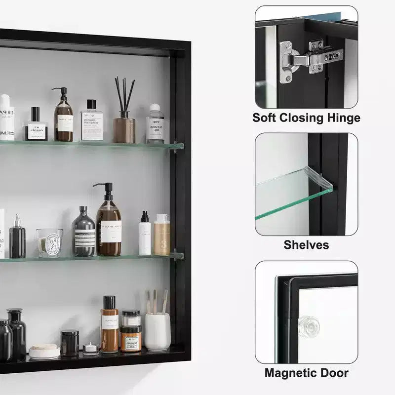 Mobiletto da bagno 26 x 20 con specchio, cornice in acciaio inossidabile, 2 ripiani regolabili, armadietto a muro per medicinali, rettangolare, da incasso, nero