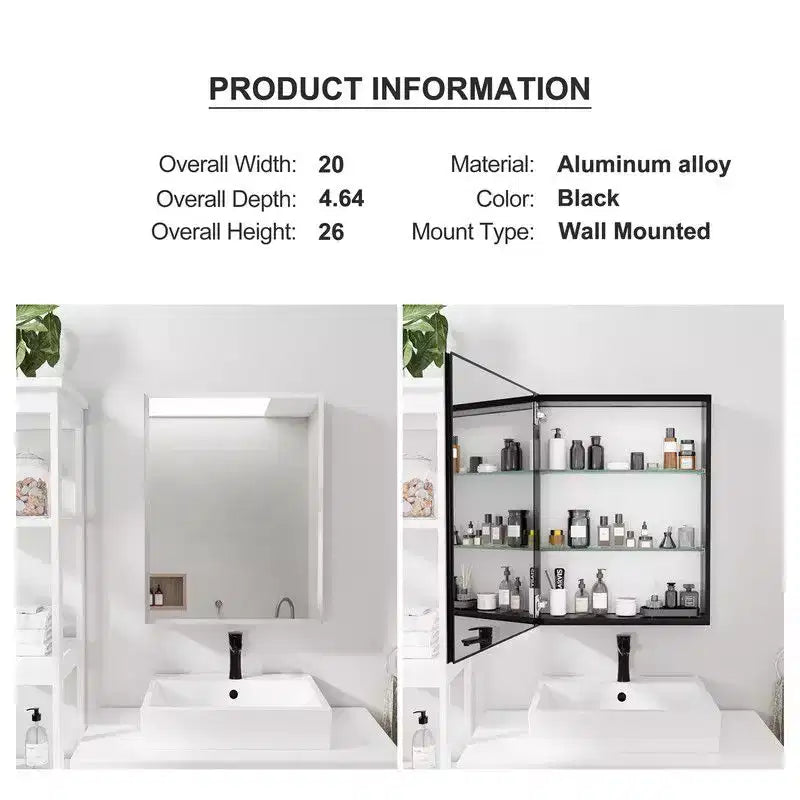 Mobiletto da bagno 26 x 20 con specchio, cornice in acciaio inossidabile, 2 ripiani regolabili, armadietto a muro per medicinali, rettangolare, da incasso, nero
