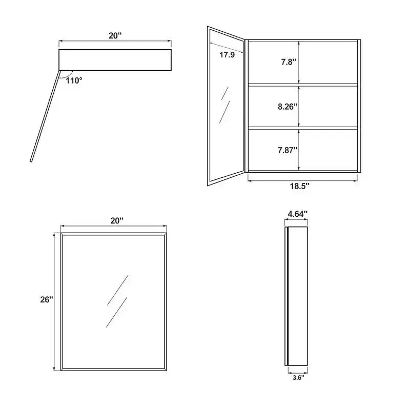 Mobiletto da bagno 26 x 20 con specchio, cornice in acciaio inossidabile, 2 ripiani regolabili, armadietto a muro per medicinali, rettangolare, da incasso, nero