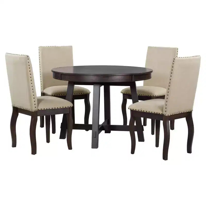 Set da pranzo da 5 pezzi in stile rustico, tavolo da pranzo rotondo allungabile in legno e 4 sedie imbottite