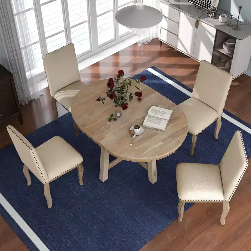 Set da pranzo da 5 pezzi in stile rustico, tavolo da pranzo rotondo allungabile in legno e 4 sedie imbottite