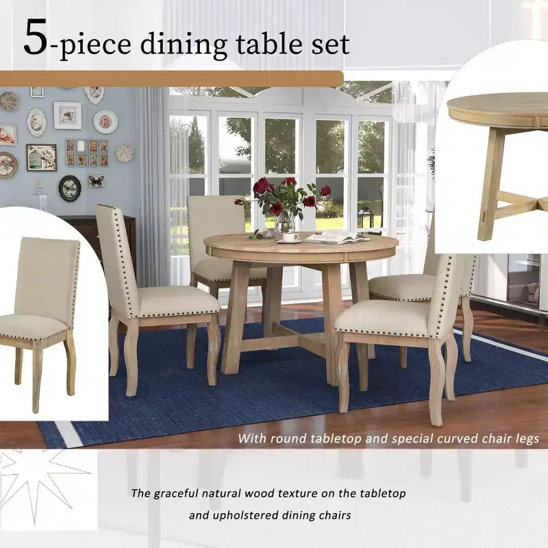 Set da pranzo da 5 pezzi in stile rustico, tavolo da pranzo rotondo allungabile in legno e 4 sedie imbottite
