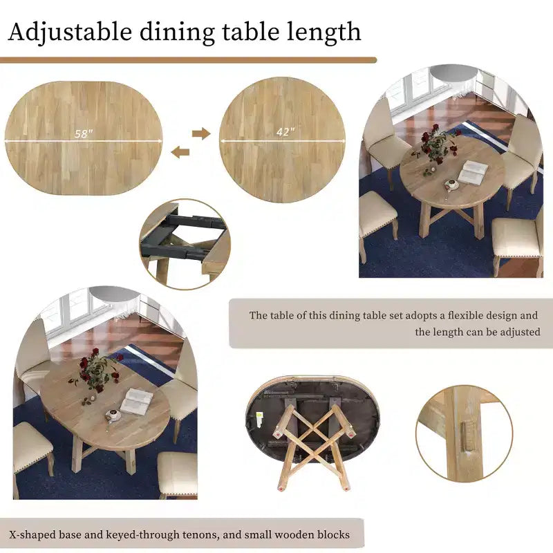 Set da pranzo da 5 pezzi in stile rustico, tavolo da pranzo rotondo allungabile in legno e 4 sedie imbottite