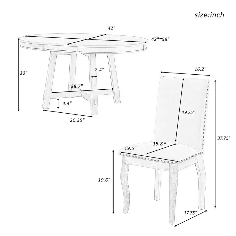 Set da pranzo da 5 pezzi in stile rustico, tavolo da pranzo rotondo allungabile in legno e 4 sedie imbottite