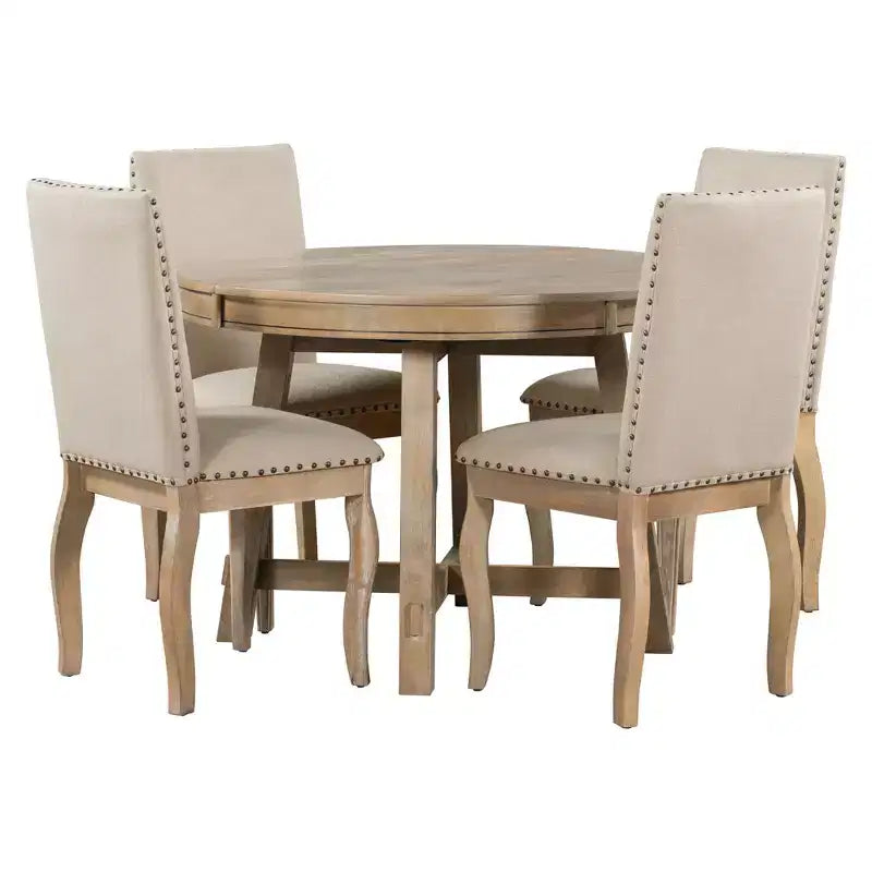Set da pranzo da 5 pezzi in stile rustico, tavolo da pranzo rotondo allungabile in legno e 4 sedie imbottite