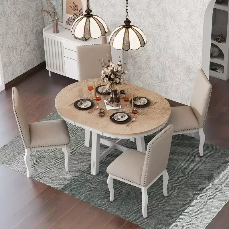 Set da pranzo da 5 pezzi in stile rustico, tavolo da pranzo rotondo allungabile in legno e 4 sedie imbottite