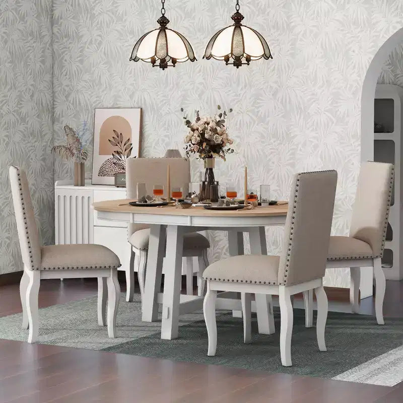 Set da pranzo da 5 pezzi in stile rustico, tavolo da pranzo rotondo allungabile in legno e 4 sedie imbottite