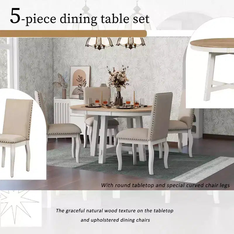 Set da pranzo da 5 pezzi in stile rustico, tavolo da pranzo rotondo allungabile in legno e 4 sedie imbottite