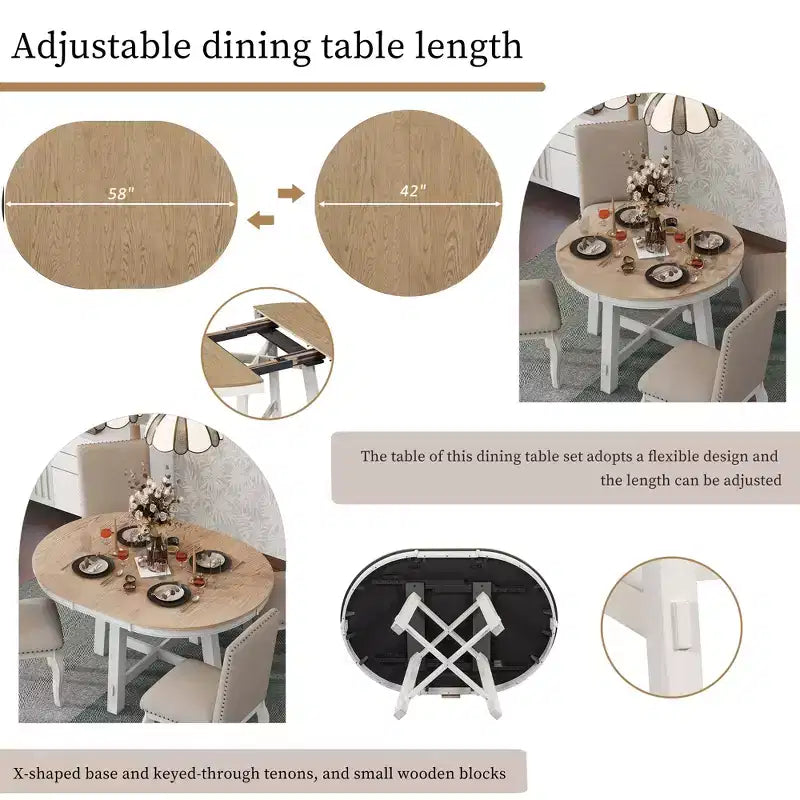Set da pranzo da 5 pezzi in stile rustico, tavolo da pranzo rotondo allungabile in legno e 4 sedie imbottite