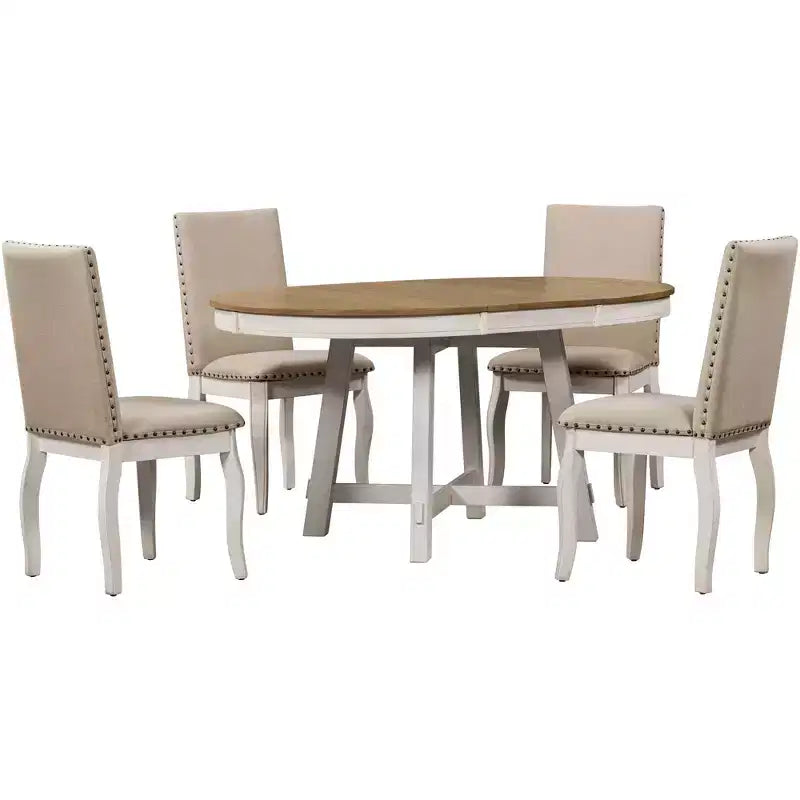 Set da pranzo da 5 pezzi in stile rustico, tavolo da pranzo rotondo allungabile in legno e 4 sedie imbottite