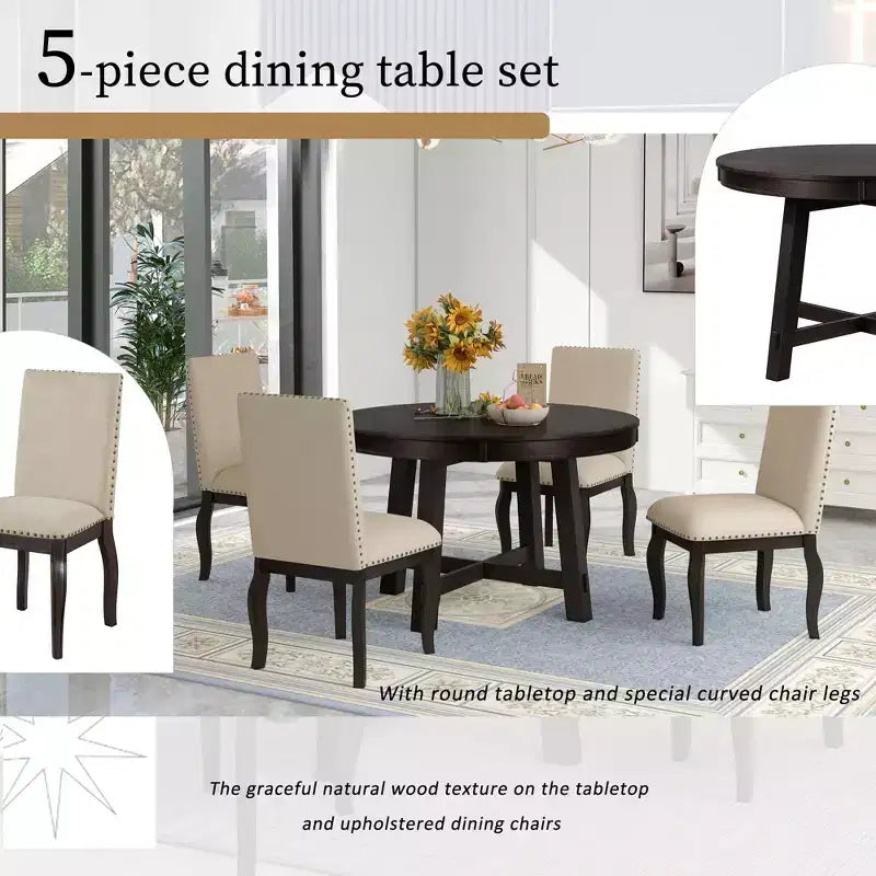 Set da pranzo da 5 pezzi in stile rustico, tavolo da pranzo rotondo allungabile in legno e 4 sedie imbottite