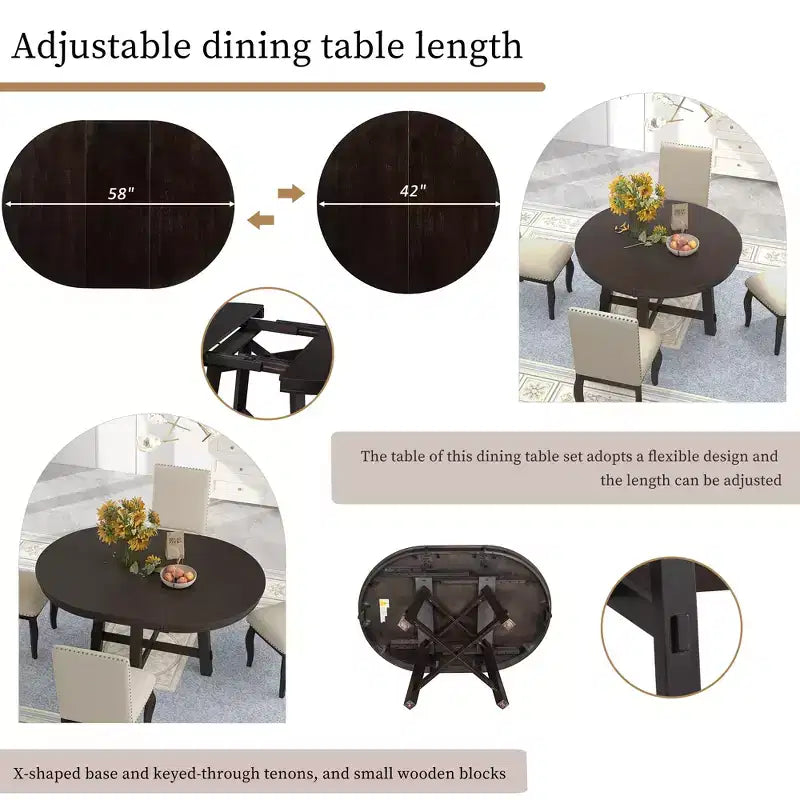 Set da pranzo da 5 pezzi in stile rustico, tavolo da pranzo rotondo allungabile in legno e 4 sedie imbottite