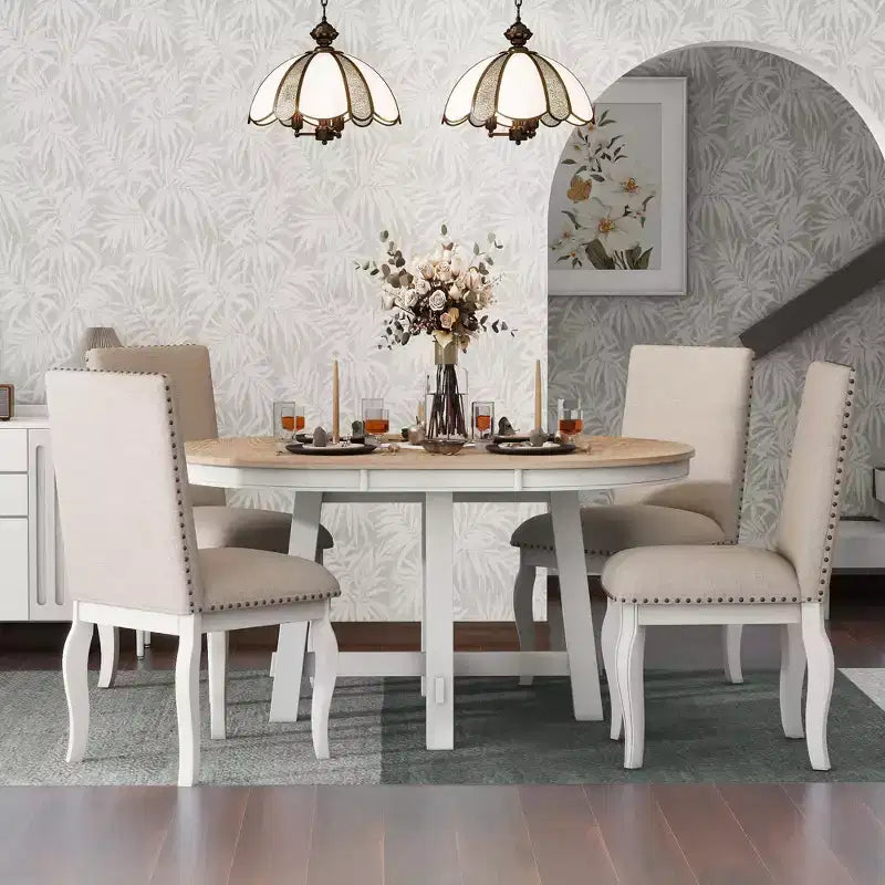 Set da pranzo da 5 pezzi in stile rustico, tavolo da pranzo rotondo allungabile in legno e 4 sedie imbottite
