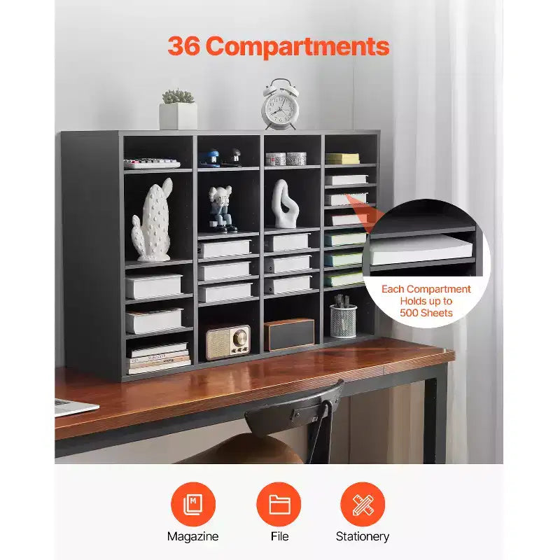 Organizzatore di documenti, 36 scomparti per posta da ufficio con ripiani regolabili, classificatore per posta in legno MDF, grigio