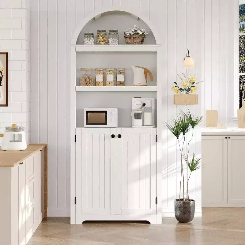 Armadietto ad arco alto 72", libreria ad arco a 5 ripiani con doppie ante e ripiano regolabile, libreria in legno con contenitore per ufficio domestico