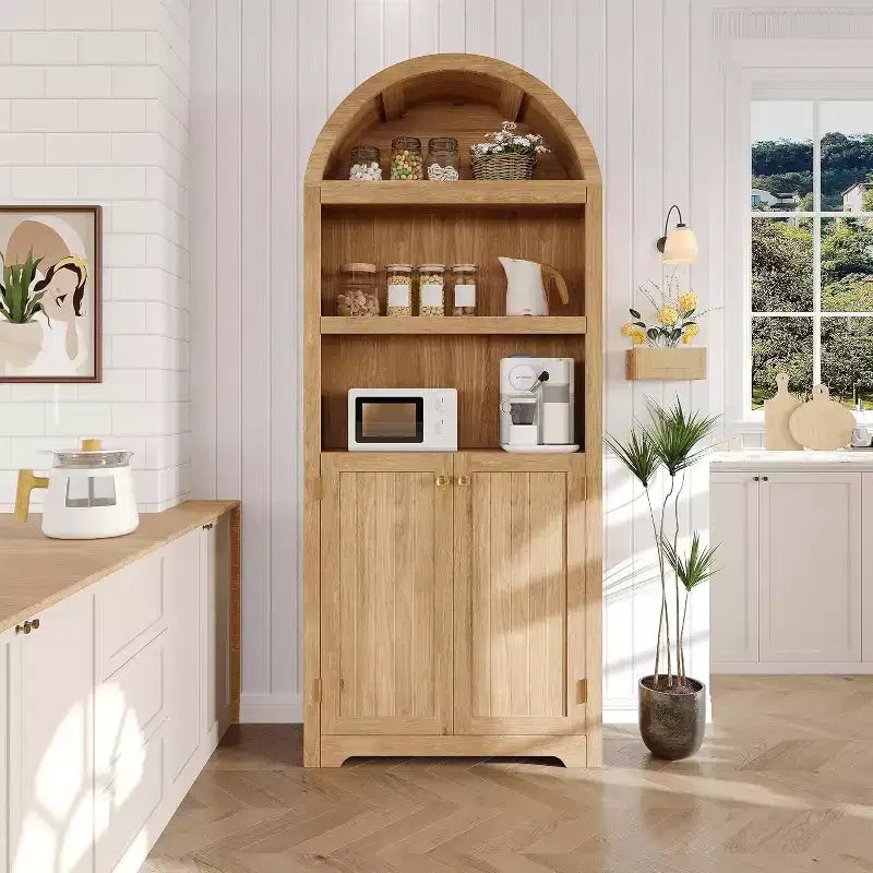 Armadietto ad arco alto 72", libreria ad arco a 5 ripiani con doppie ante e ripiano regolabile, libreria in legno con contenitore per ufficio domestico