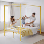 Letto a baldacchino matrimoniale, struttura in metallo con testiera minimalista e design a quattro colonne, supporto a doghe in acciaio resistente, oro