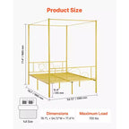 Letto a baldacchino matrimoniale, struttura in metallo con testiera minimalista e design a quattro colonne, supporto a doghe in acciaio resistente, oro