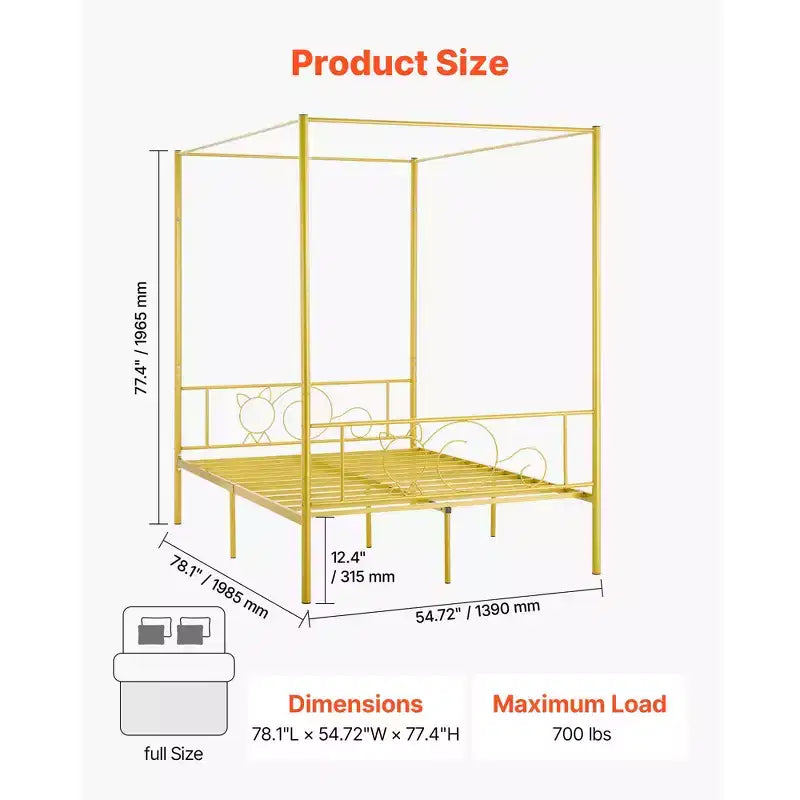 Letto a baldacchino matrimoniale, struttura in metallo con testiera minimalista e design a quattro colonne, supporto a doghe in acciaio resistente, oro