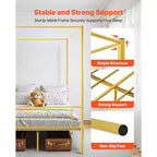 Letto a baldacchino matrimoniale, struttura in metallo con testiera minimalista e design a quattro colonne, supporto a doghe in acciaio resistente, oro