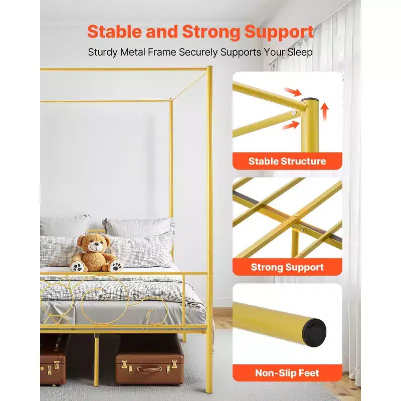 Letto a baldacchino matrimoniale, struttura in metallo con testiera minimalista e design a quattro colonne, supporto a doghe in acciaio resistente, oro