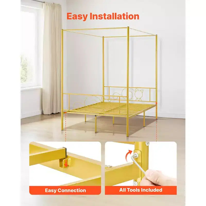 Letto a baldacchino matrimoniale, struttura in metallo con testiera minimalista e design a quattro colonne, supporto a doghe in acciaio resistente, oro