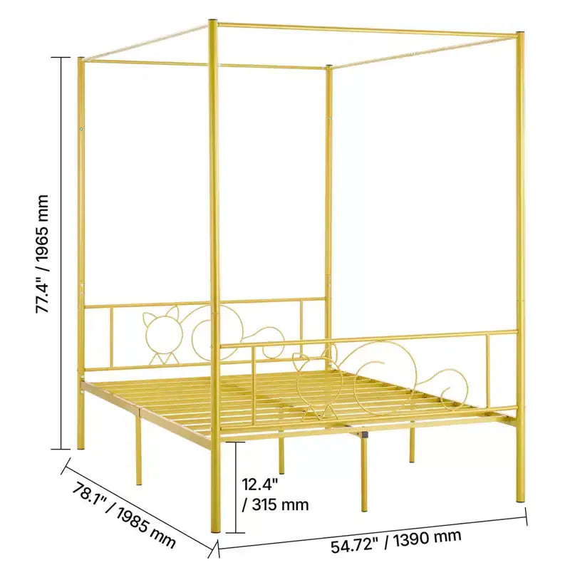 Letto a baldacchino matrimoniale, struttura in metallo con testiera minimalista e design a quattro colonne, supporto a doghe in acciaio resistente, oro