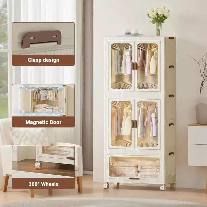 Armadio portatile a 3 livelli per bambini con ante, armadio porta abiti in plastica per bambini con asta appendiabiti e 10 grucce