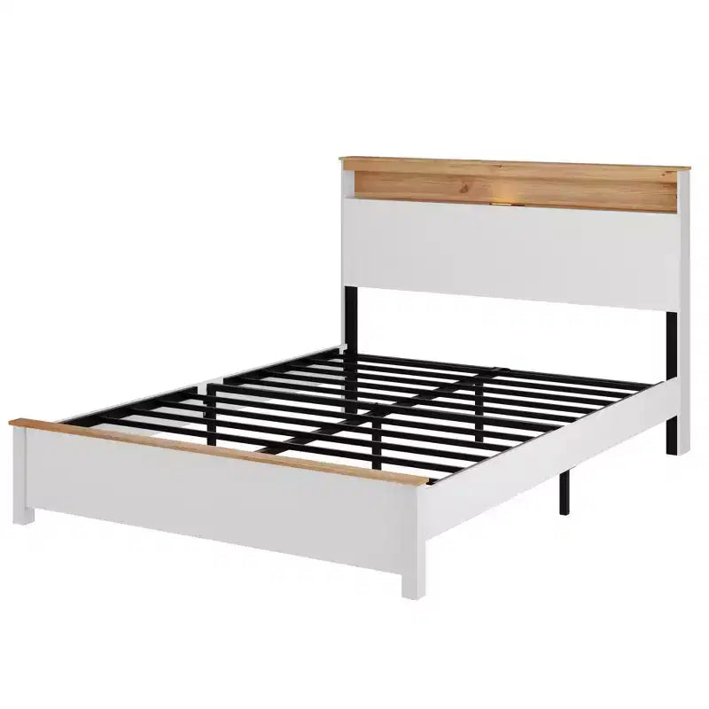 Struttura letto rustica in legno massello stile "farmhouse" con testiera contenitore e stazione di ricarica USB integrata, facile da montare, bianco classico