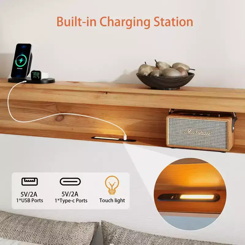 Struttura letto rustica in legno massello stile "farmhouse" con testiera contenitore e stazione di ricarica USB integrata, facile da montare, bianco classico