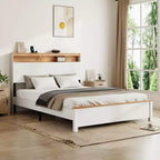 Struttura letto rustica in legno massello stile "farmhouse" con testiera contenitore e stazione di ricarica USB integrata, facile da montare, bianco classico