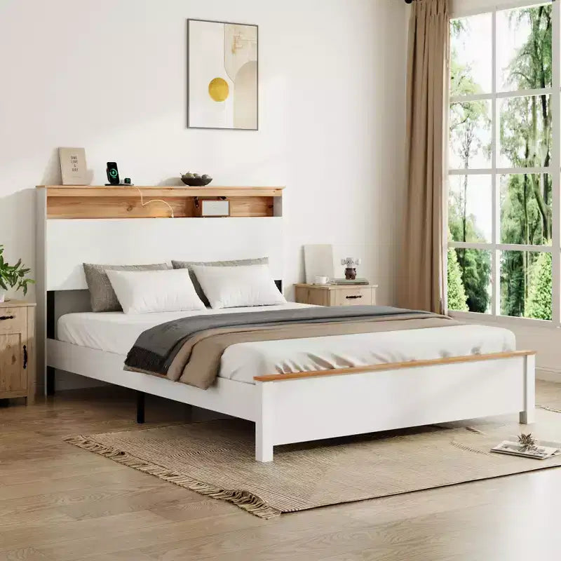 Struttura letto rustica in legno massello stile "farmhouse" con testiera contenitore e stazione di ricarica USB integrata, facile da montare, bianco classico