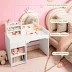 Set da toeletta per bambini con specchio illuminato a LED, tavolo e sedia da trucco 2 in 1 da principessa con libreria, mobiletto e mensole per bambine