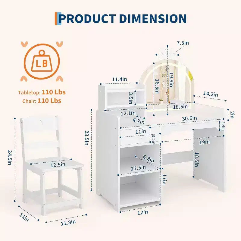 Set da toeletta per bambini con specchio illuminato a LED, tavolo e sedia da trucco 2 in 1 da principessa con libreria, mobiletto e mensole per bambine
