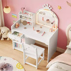Set da toeletta per bambini con specchio illuminato a LED, tavolo e sedia da trucco 2 in 1 da principessa con libreria, mobiletto e mensole per bambine
