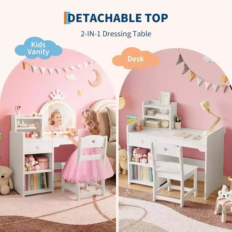 Set da toeletta per bambini con specchio illuminato a LED, tavolo e sedia da trucco 2 in 1 da principessa con libreria, mobiletto e mensole per bambine