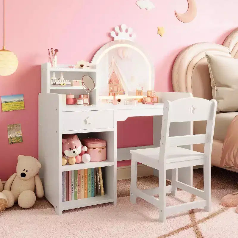 Set da toeletta per bambini con specchio illuminato a LED, tavolo e sedia da trucco 2 in 1 da principessa con libreria, mobiletto e mensole per bambine