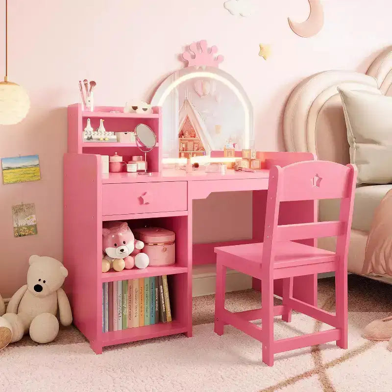 Set da toeletta per bambini con specchio illuminato a LED, tavolo e sedia da trucco 2 in 1 da principessa con libreria, mobiletto e mensole per bambine
