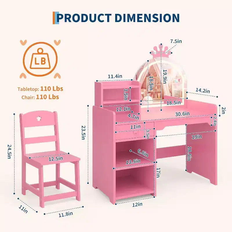 Set da toeletta per bambini con specchio illuminato a LED, tavolo e sedia da trucco 2 in 1 da principessa con libreria, mobiletto e mensole per bambine