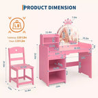 Set da toeletta per bambini con specchio illuminato a LED, tavolo e sedia da trucco 2 in 1 da principessa con libreria, mobiletto e mensole per bambine
