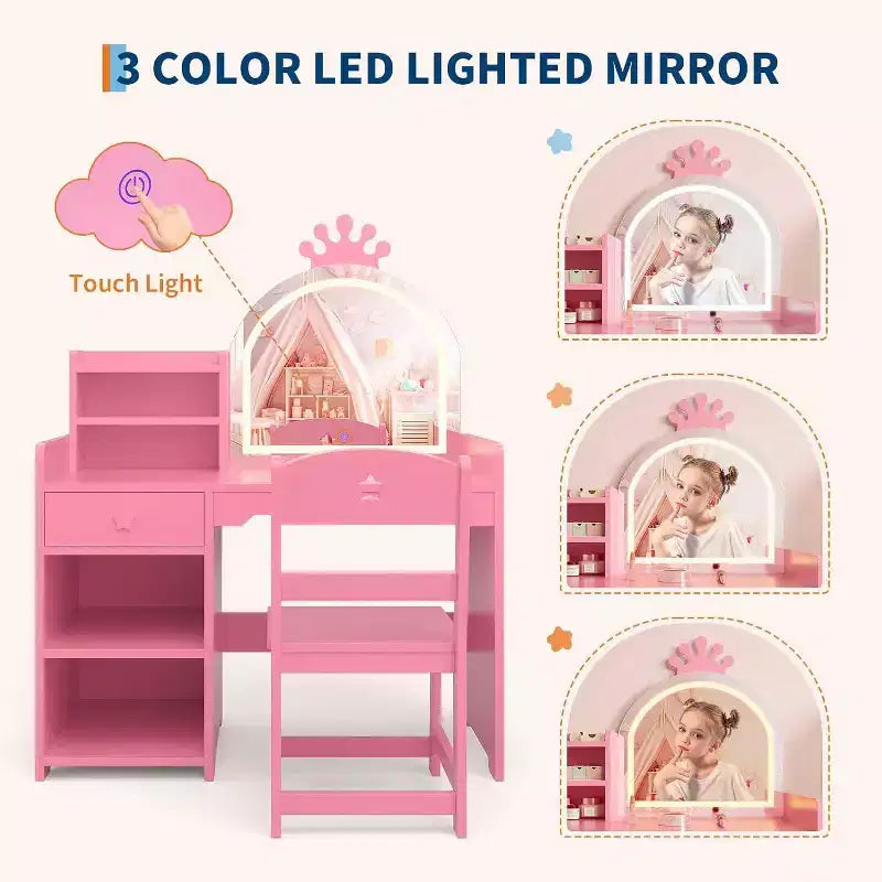 Set da toeletta per bambini con specchio illuminato a LED, tavolo e sedia da trucco 2 in 1 da principessa con libreria, mobiletto e mensole per bambine